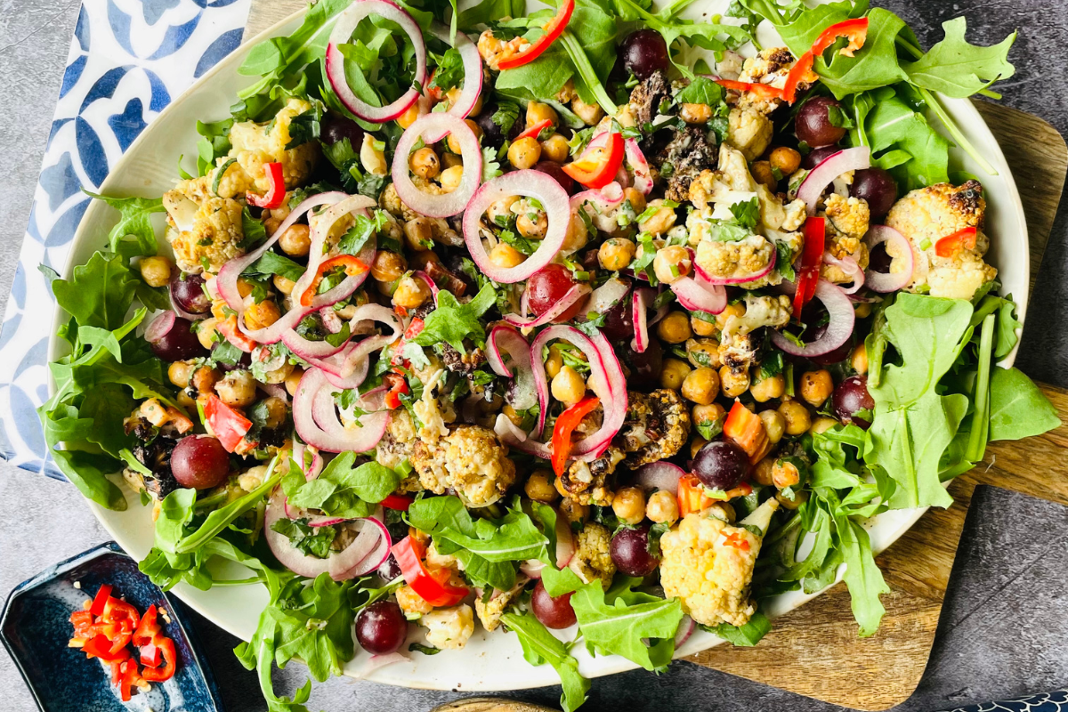 Cauliflower, Chickpea & Grapes Salad with Tahini Dressing (Air Fryer)
