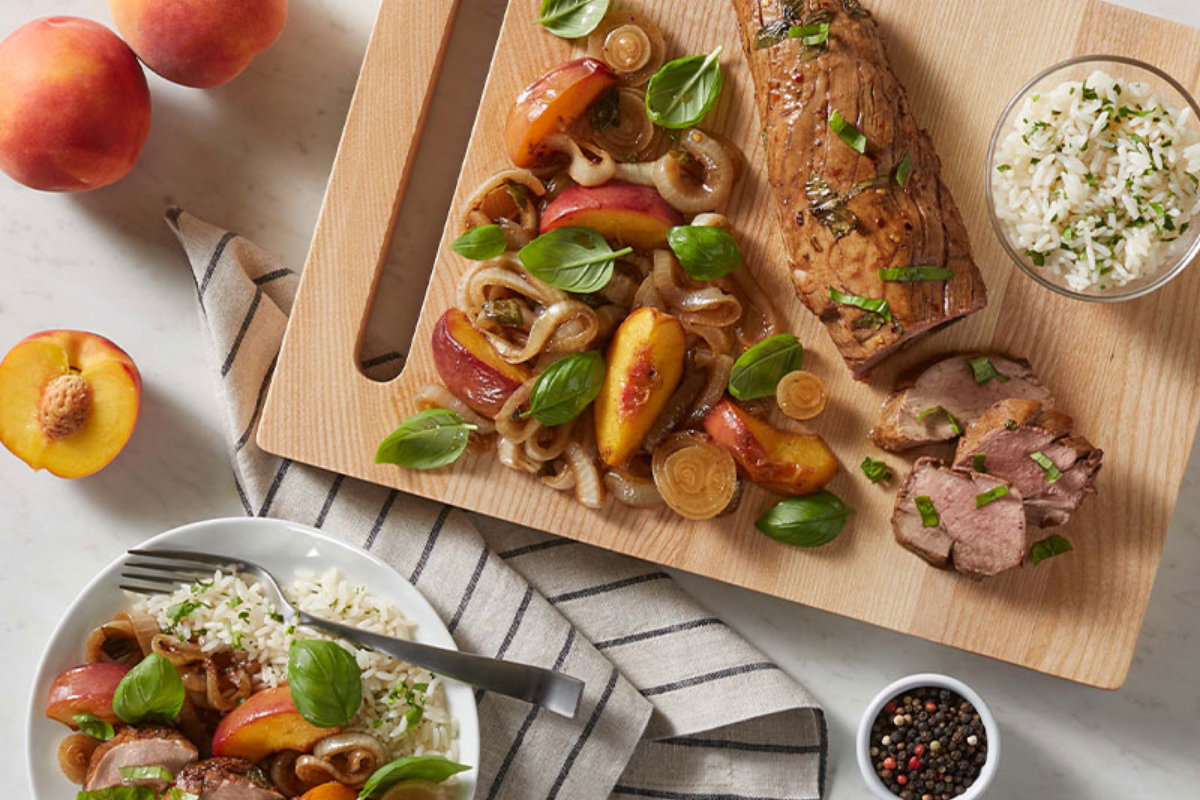 One Pan Marinated Pork Tenderloin with Peaches, Onions and Basil