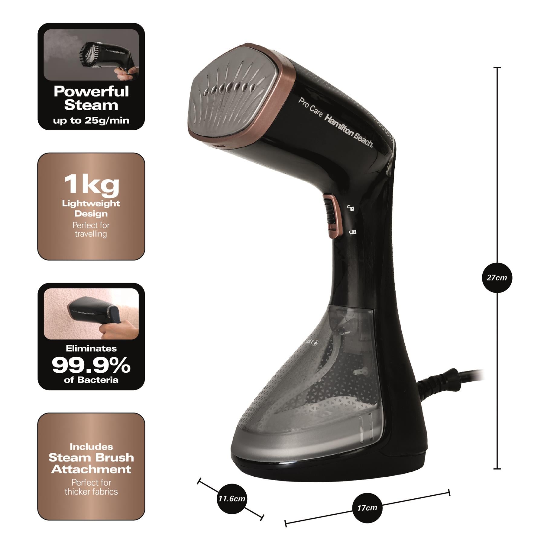 Hamilton Beach ProCare Handheld Garment Steamer - Black & Bronze