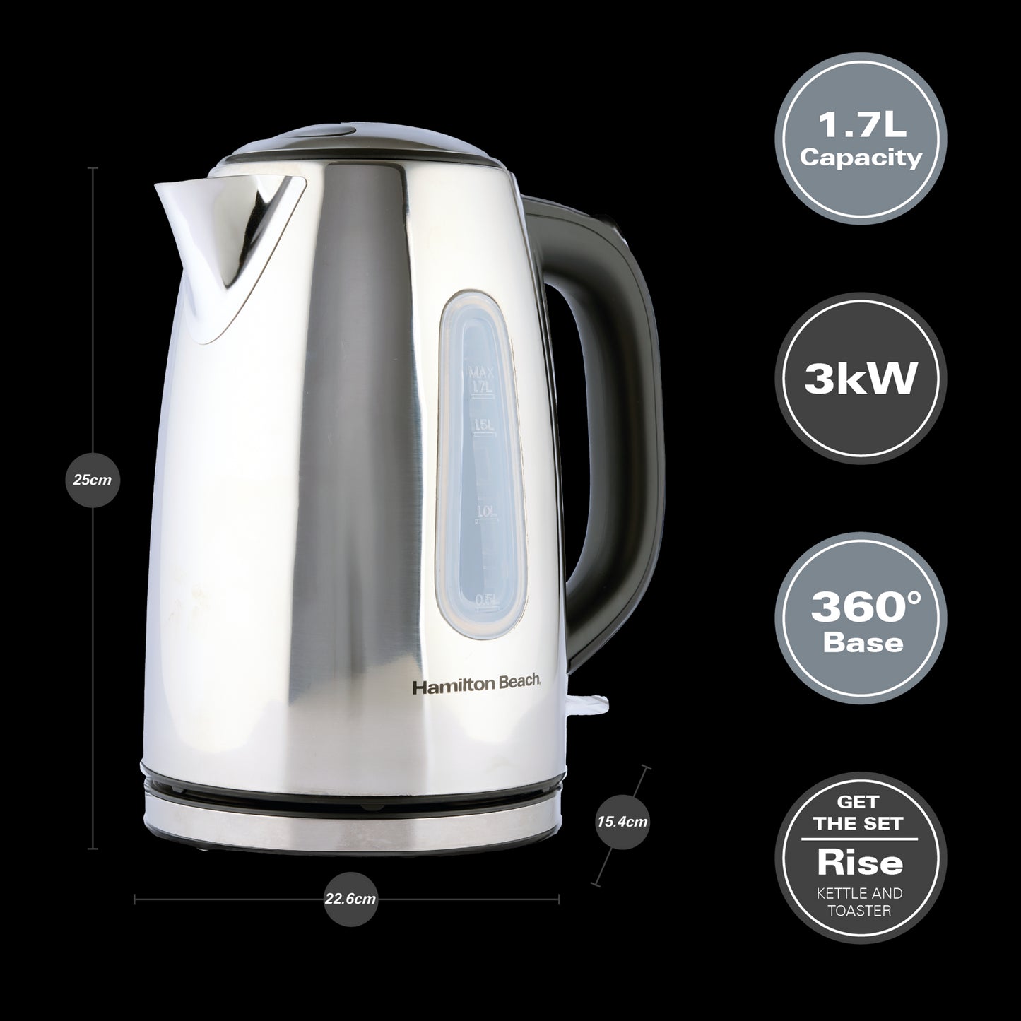 Hamilton Beach Rise 1.7L Polished Stainless Steel Kettle
