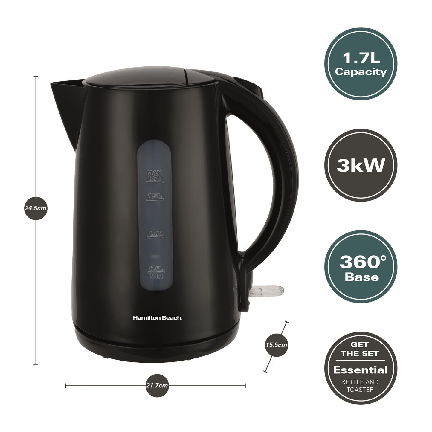 Hamilton Beach Essential Rapid Boil Kettle & 4 Slice Toaster Set Black