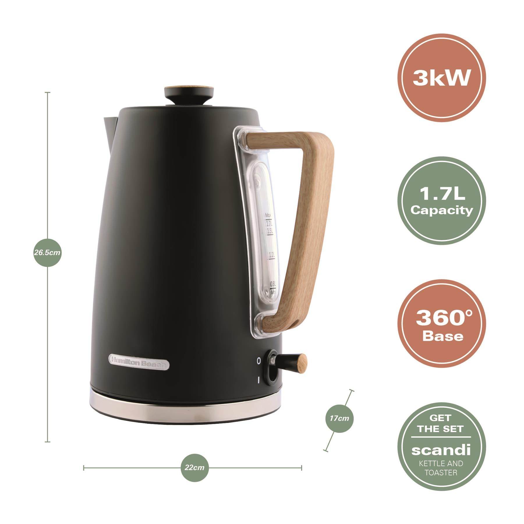 Hamilton Beach Scandi 1.7L Kettle - Matte Black with Wood Effect - Hamilton Beach UK