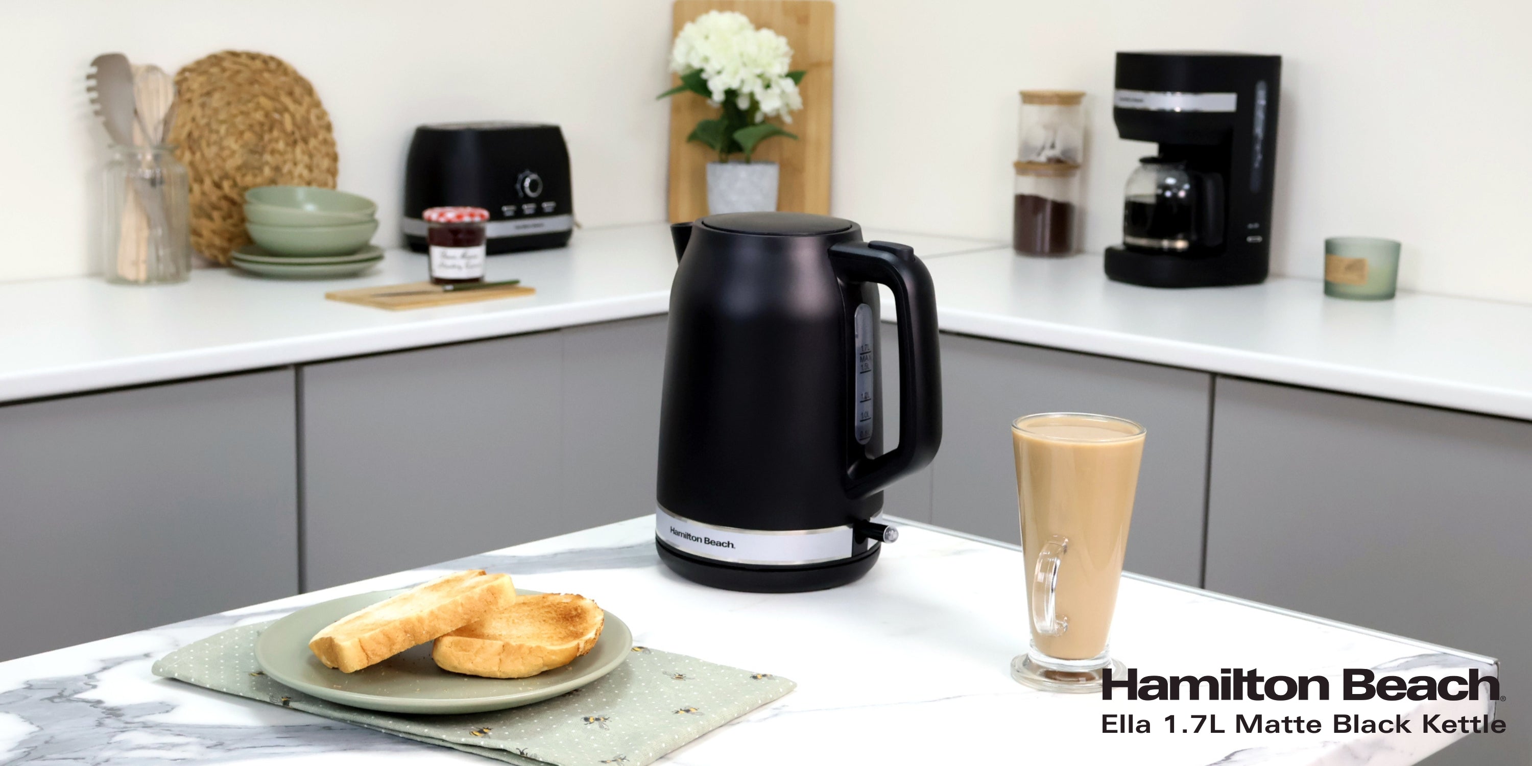 Hamilton Beach Ella Kettle, Toaster, Microwave & Coffee Machine Set - Black