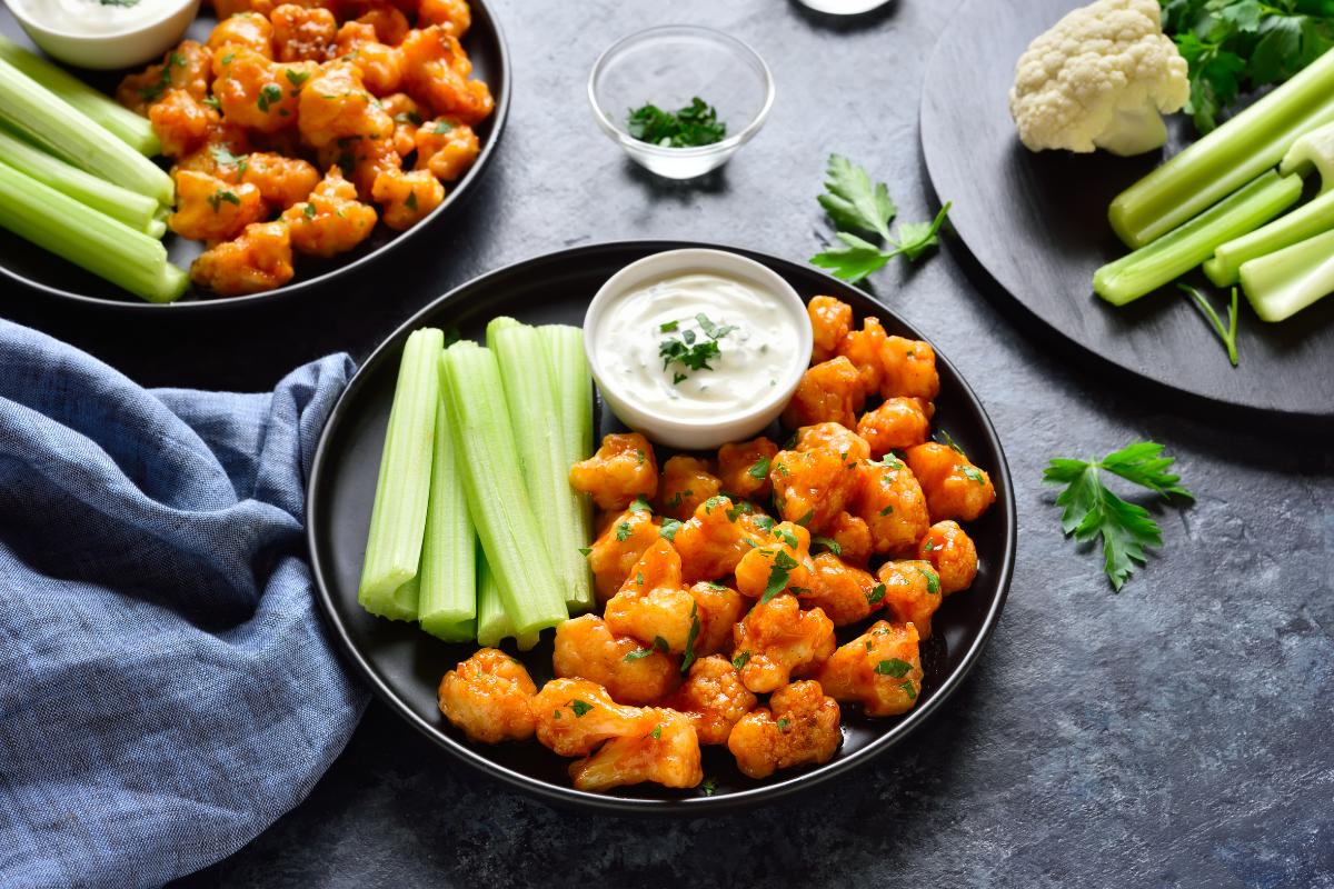 Vegan Air Fryer Buffalo Cauliflower Bites with Blue Cheese Dressing