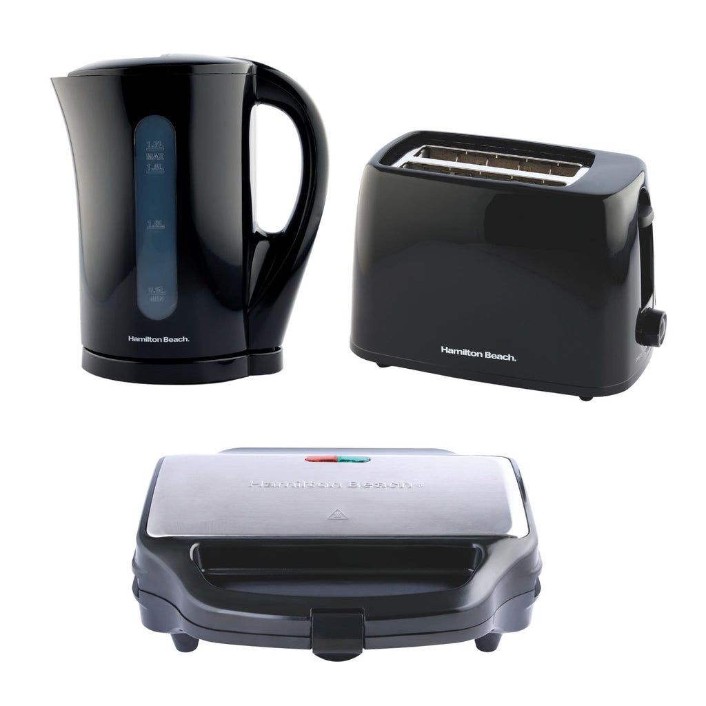Hamilton Beach Essentials Kettle, 2 Slice Toaster & Deep Fill Sandwich Toaster Set - Black