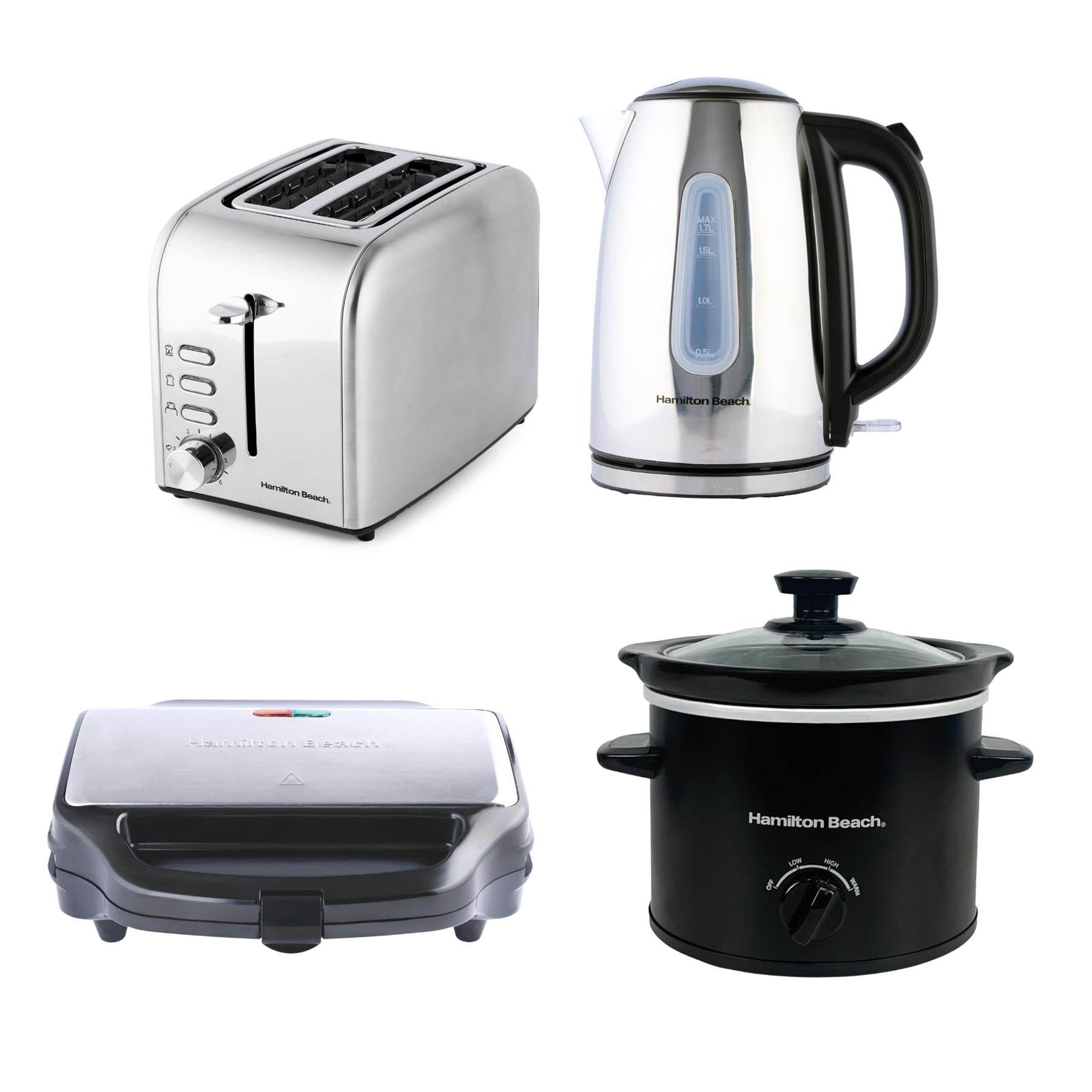 Hamilton Beach Rise Kettle, Toaster, Sandwich Toaster, 1.8L Slow Cooker Set - Black