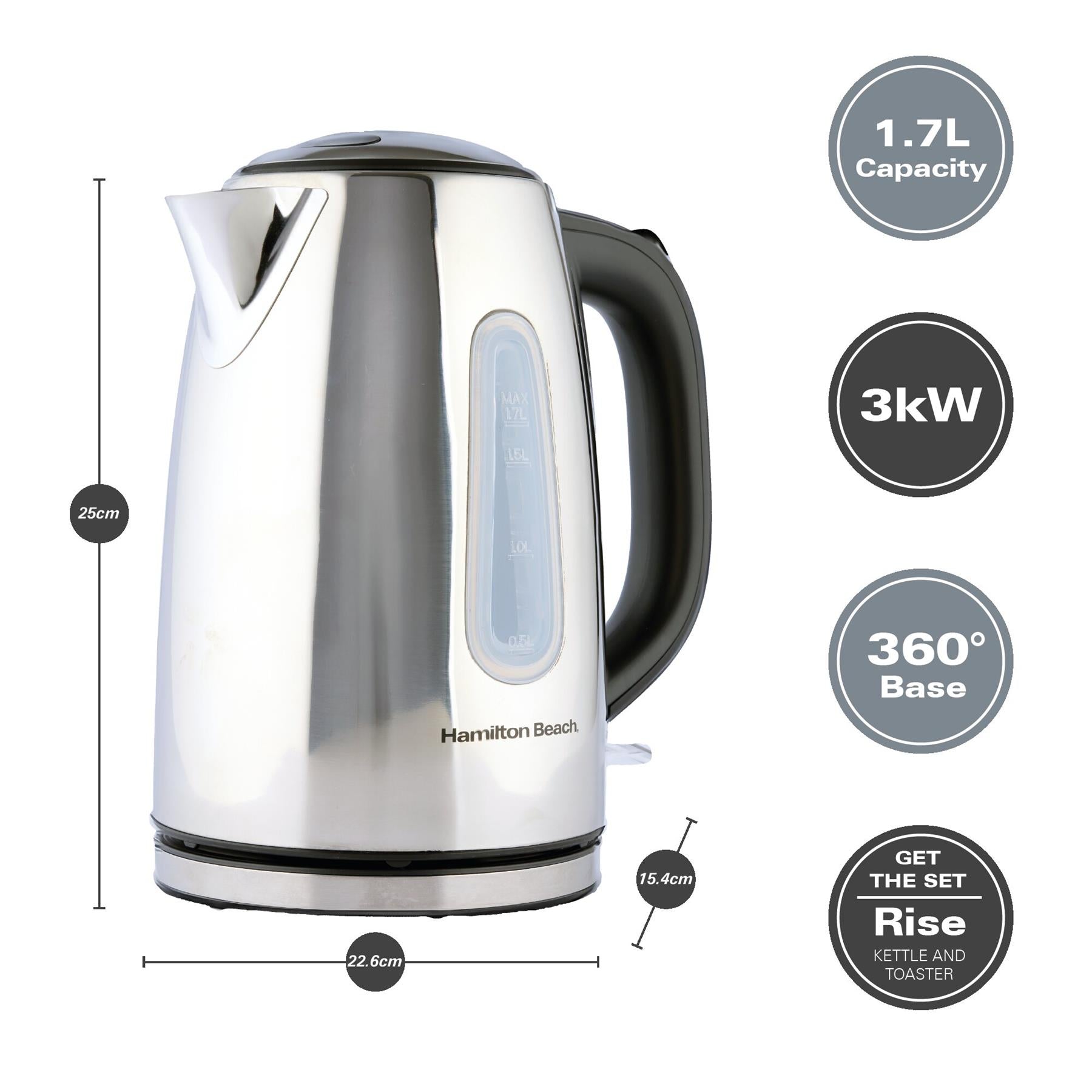 Hamilton Beach Rise 1.7L Polished Stainless Steel Kettle