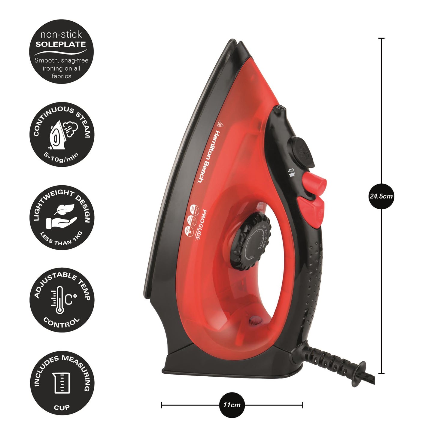 Hamilton Beach ProGlide 2200W Corded Steam Iron - Red & Black