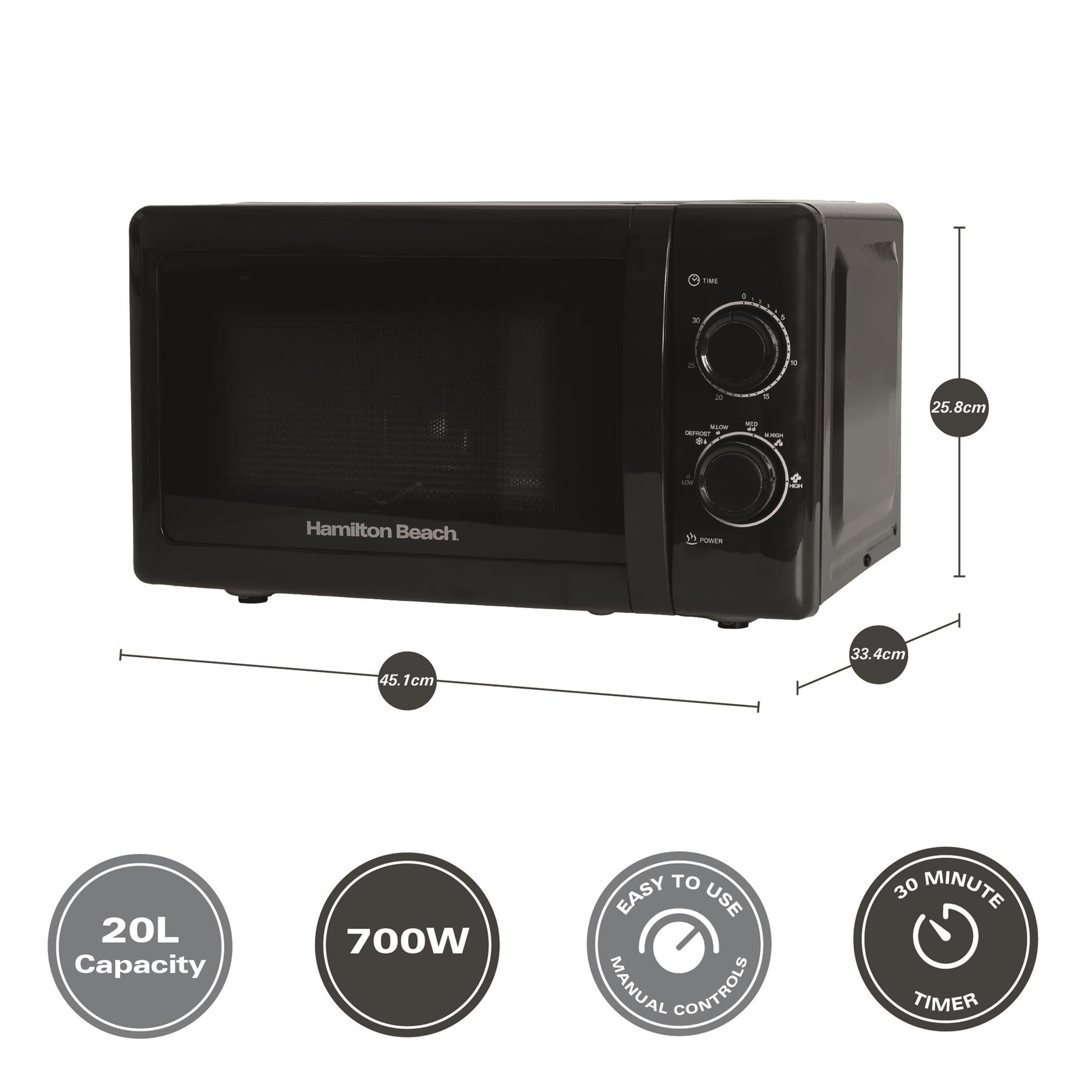 Hamilton Beach 20L Manual Black Microwave With Stainless Steel Cavity
