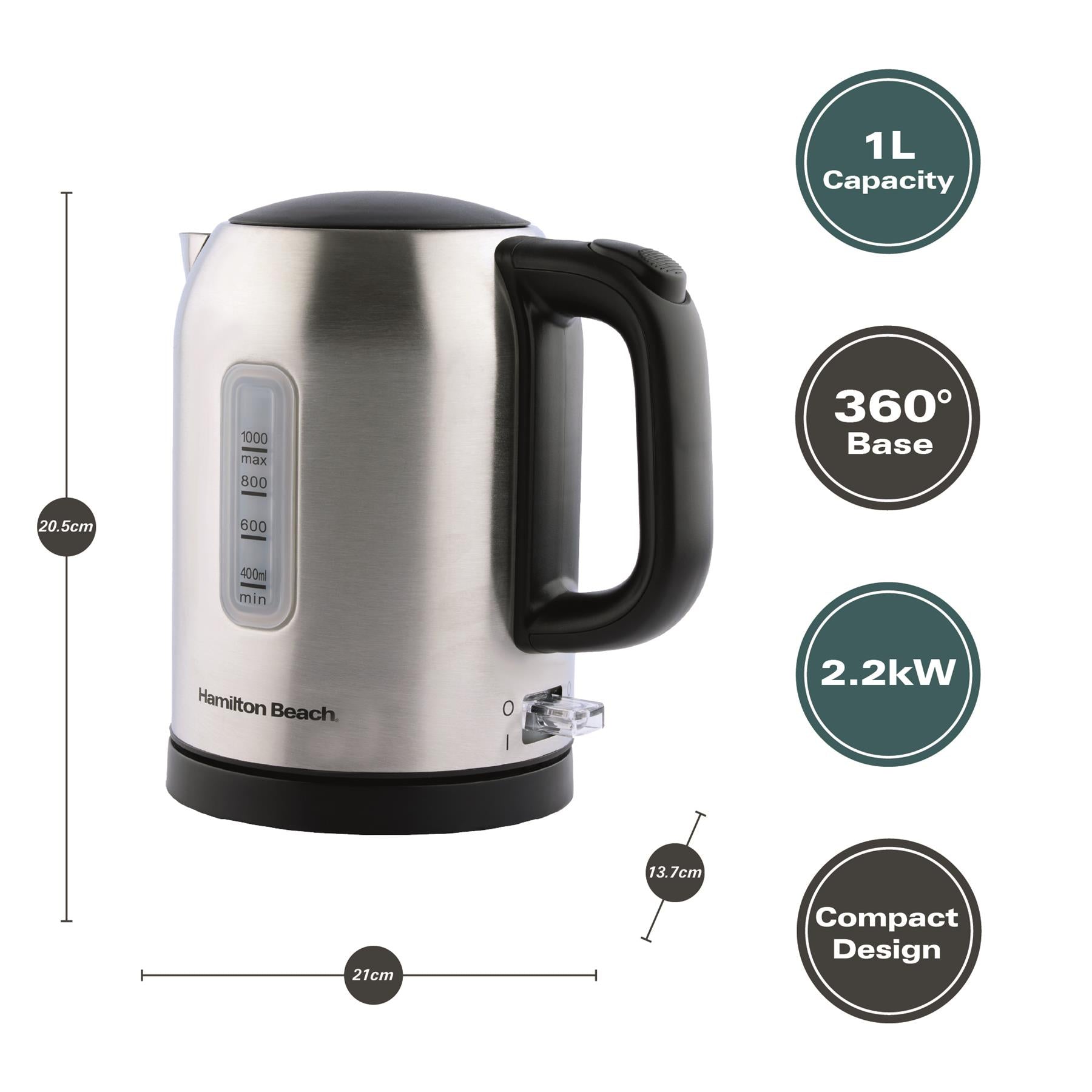 Compact 1L Kettle & Rise 2 Slice Toaster Set - Stainless Steel