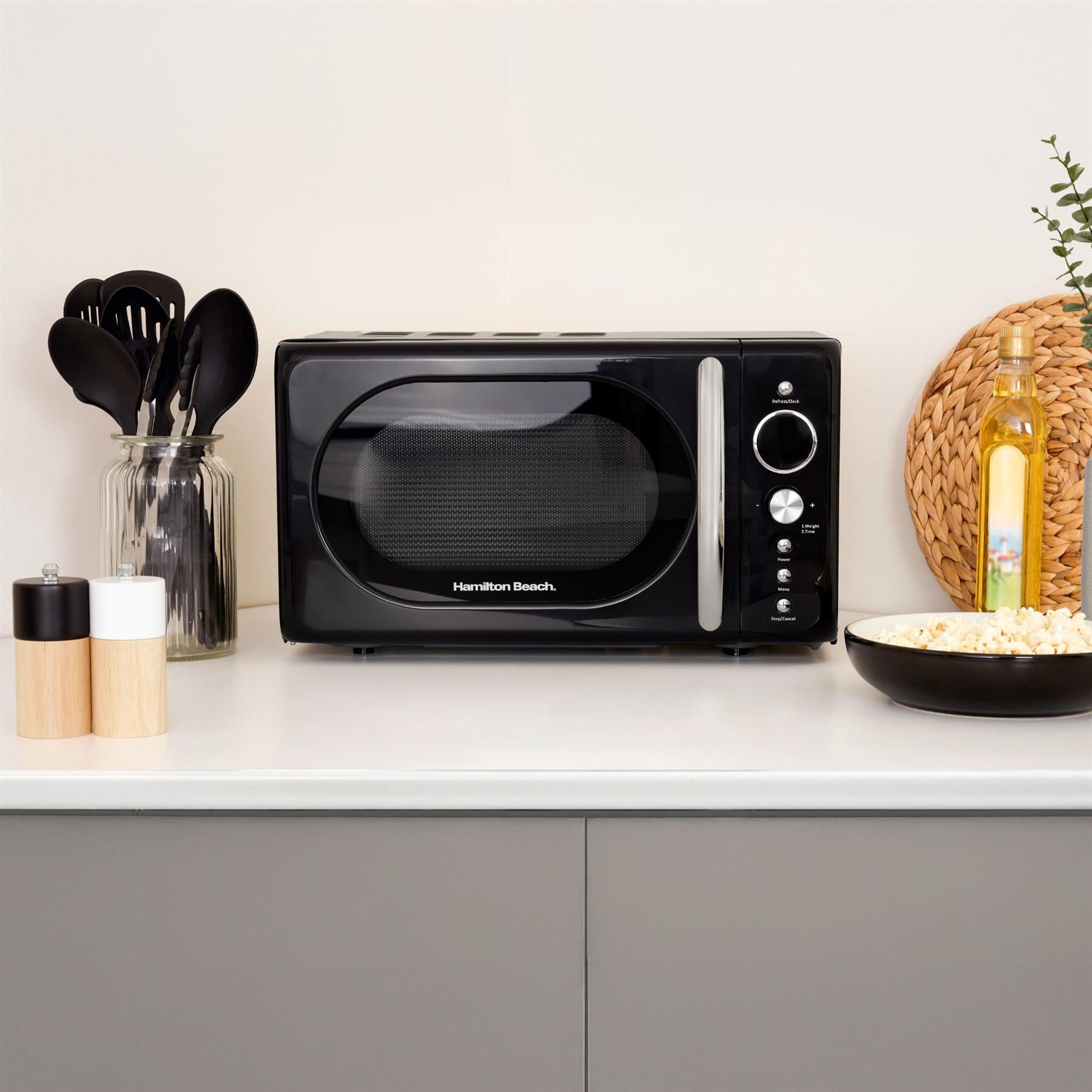 Hamilton Beach Essentials Kettle, 4 Slice Toaster & 20L Retro Microwave Set - Black