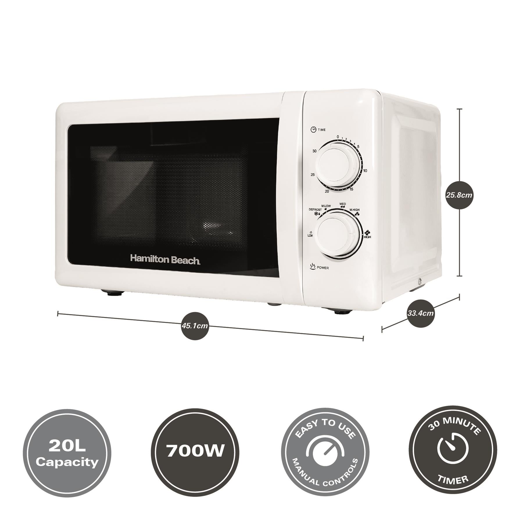Hamilton Beach 20L Manual White Microwave With Stainless Steel Cavity