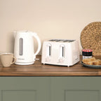 Hamilton Beach Essentials Kettle, 4 Slice Toaster & 20L Stainless Steel Cavity Microwave Set - White