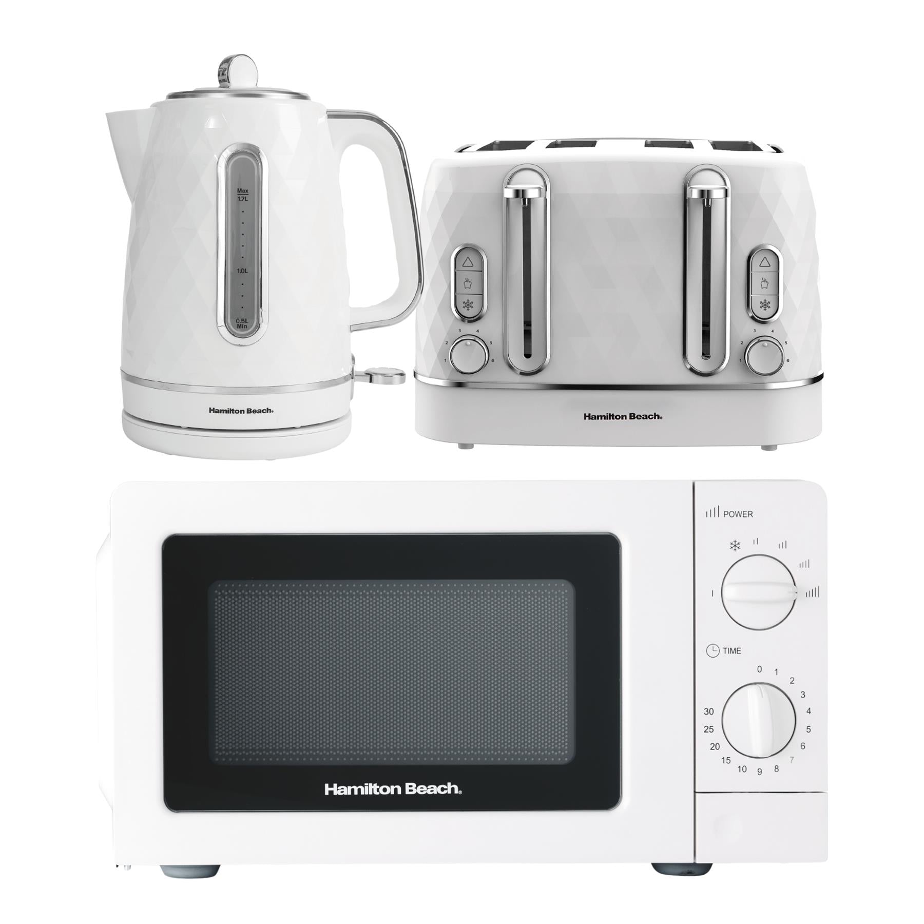 Hamilton Beach Diamond Kettle, Toaster & 20L Standard Microwave Set - White