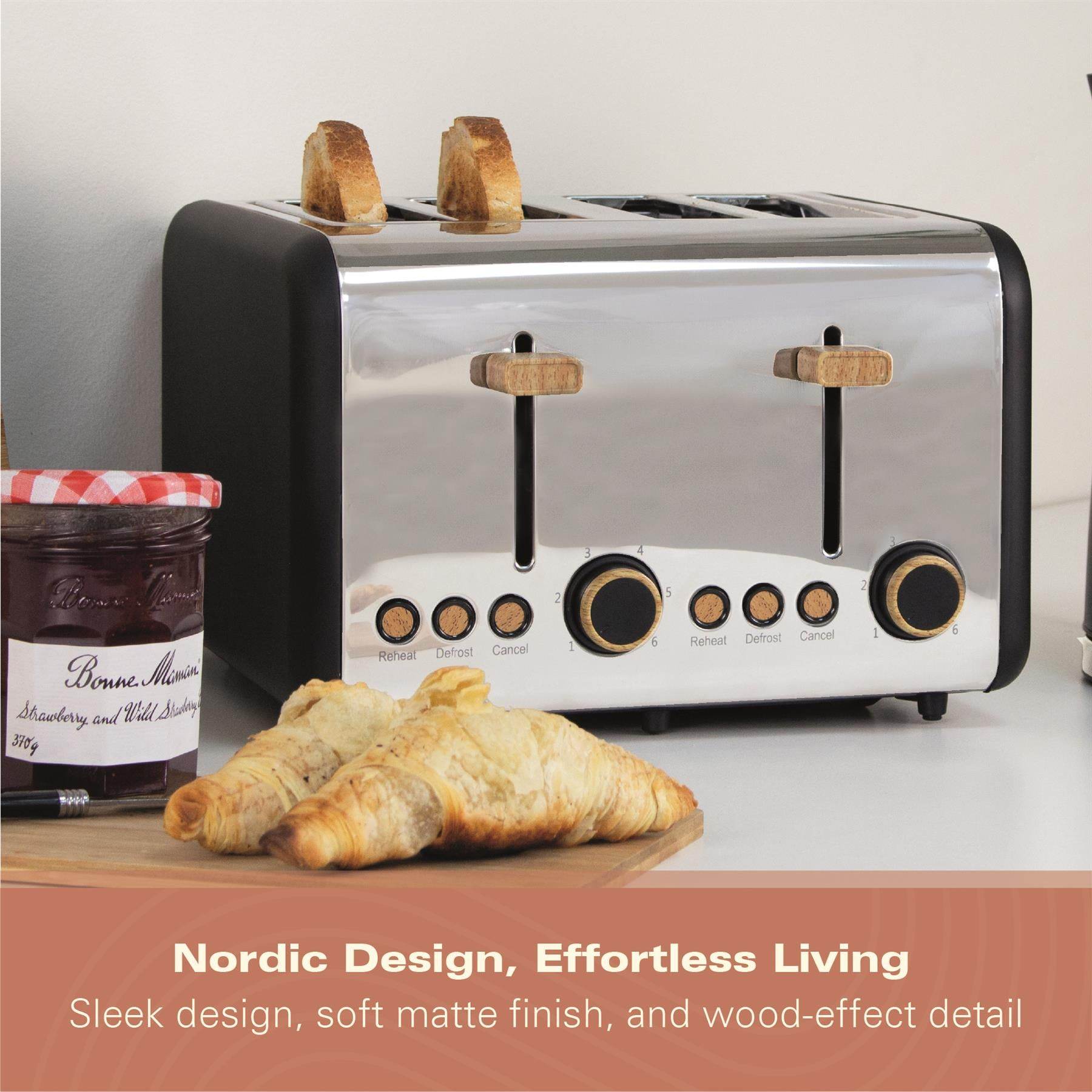 Hamilton Beach Scandi 4 Slice Toaster - Matte Black with Wood Effect - Hamilton Beach UK
