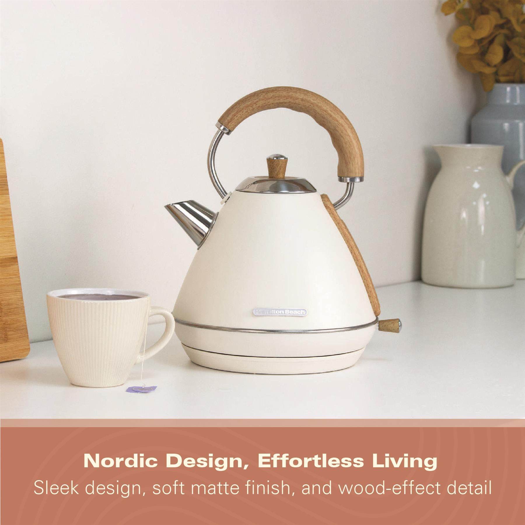 Hamilton Beach Scandi 1.7L Pyramid Kettle - Matte Cream with Wood Effect - Hamilton Beach UK