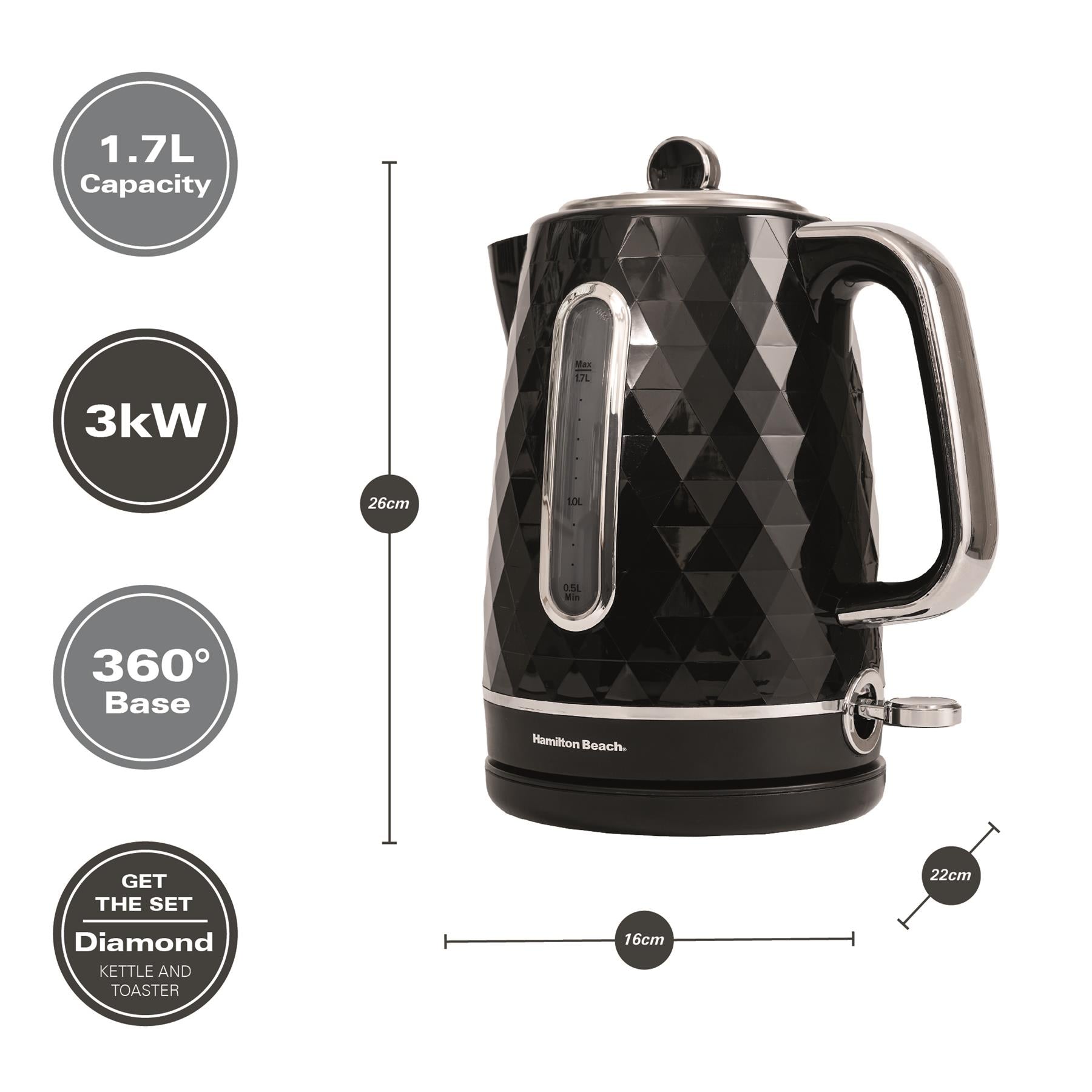Hamilton Beach Diamond 1.7L Kettle Black