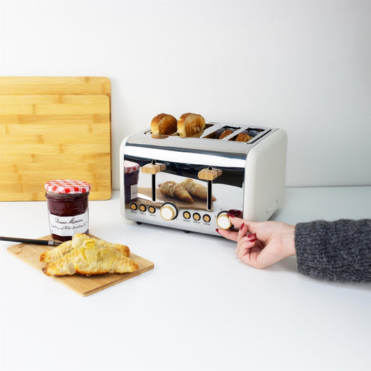 Hamilton Beach Scandi 4 Slice Toaster Matte Cream with Wood Effect