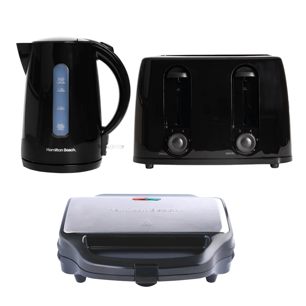 Hamilton Beach Essentials Kettle, 4 Slice Toaster & Deep Fill Sandwich Toaster Set - Black