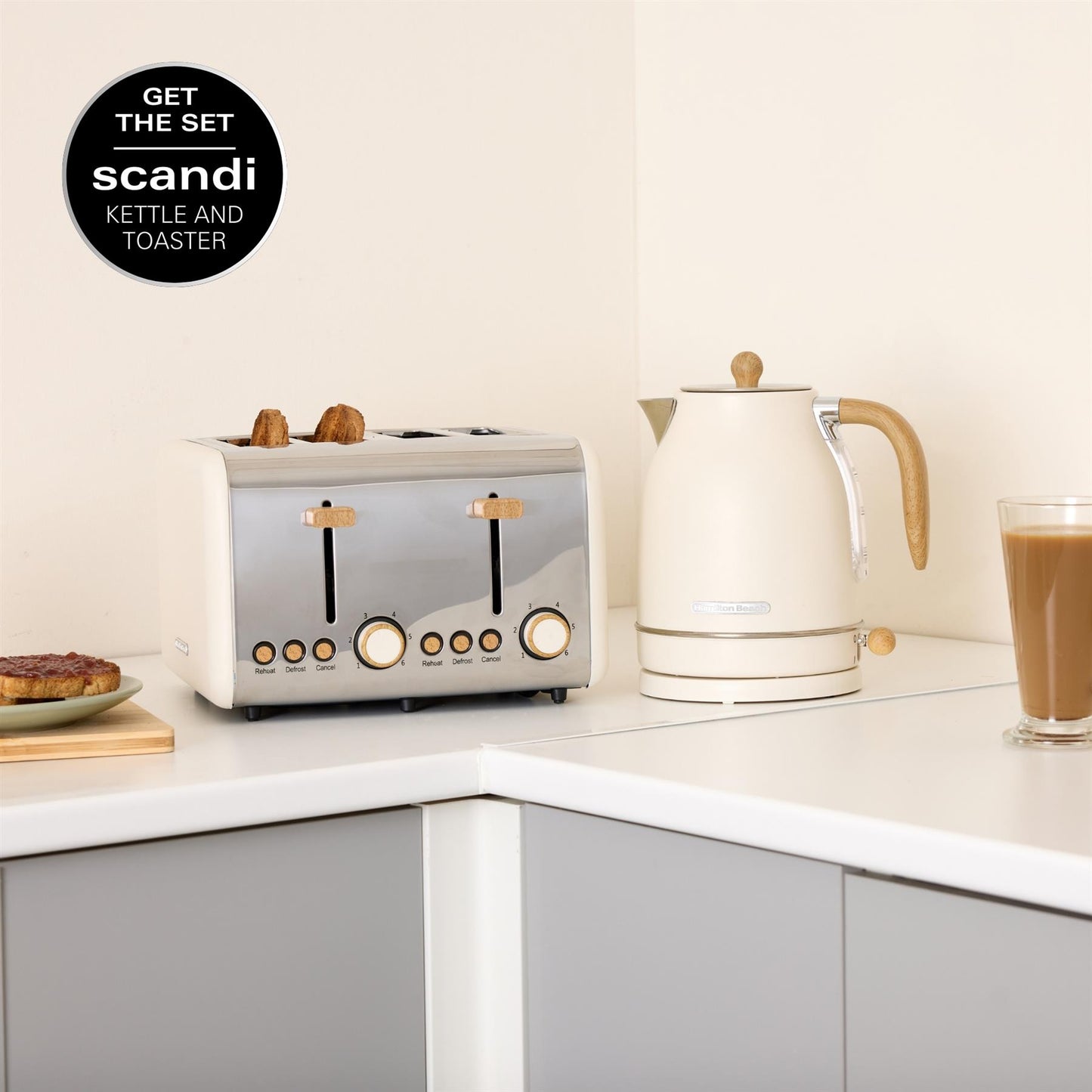 Hamilton Beach Scandi 1.7L Jug Kettle Matte Cream with Wood Effect