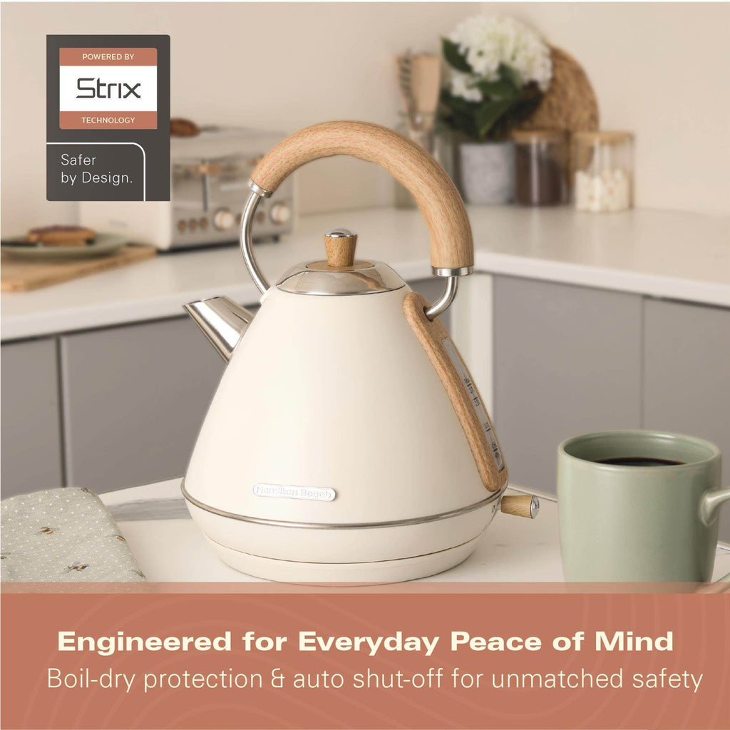 Hamilton Beach Scandi 1.7L Pyramid Kettle - Matte Cream with Wood Effect - Hamilton Beach UK