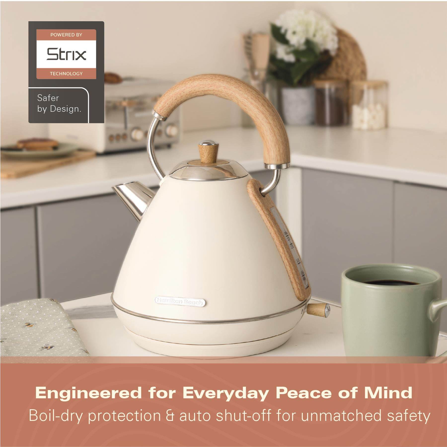 Hamilton Beach Scandi 1.7L Pyramid Kettle - Matte Cream with Wood Effect - Hamilton Beach UK