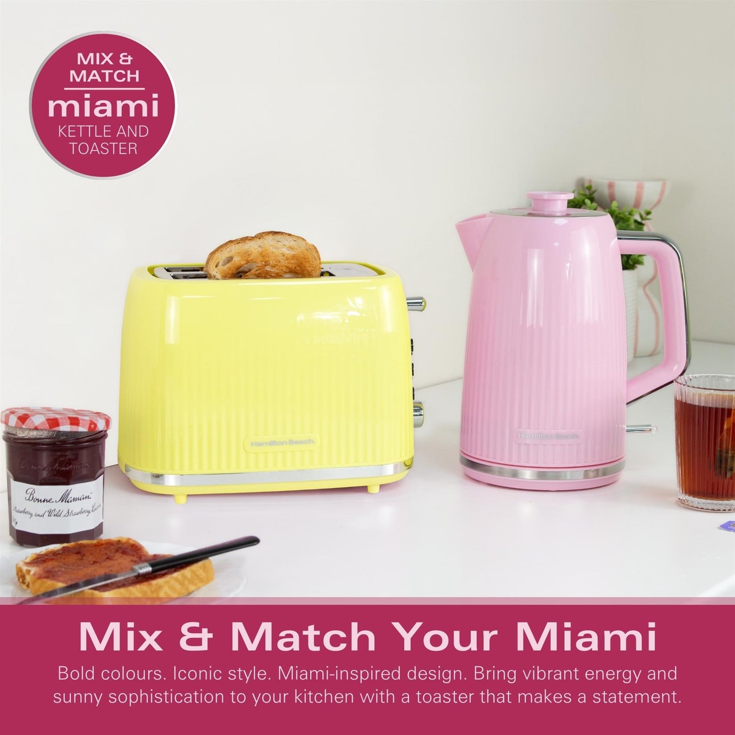 Hamilton Beach Miami Kettle & Toaster Set Flamingo Pink