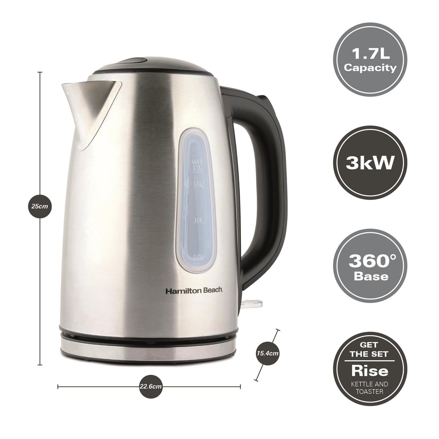 Hamilton Beach Rise Kettle & 2 Slice Toaster Set - Brushed