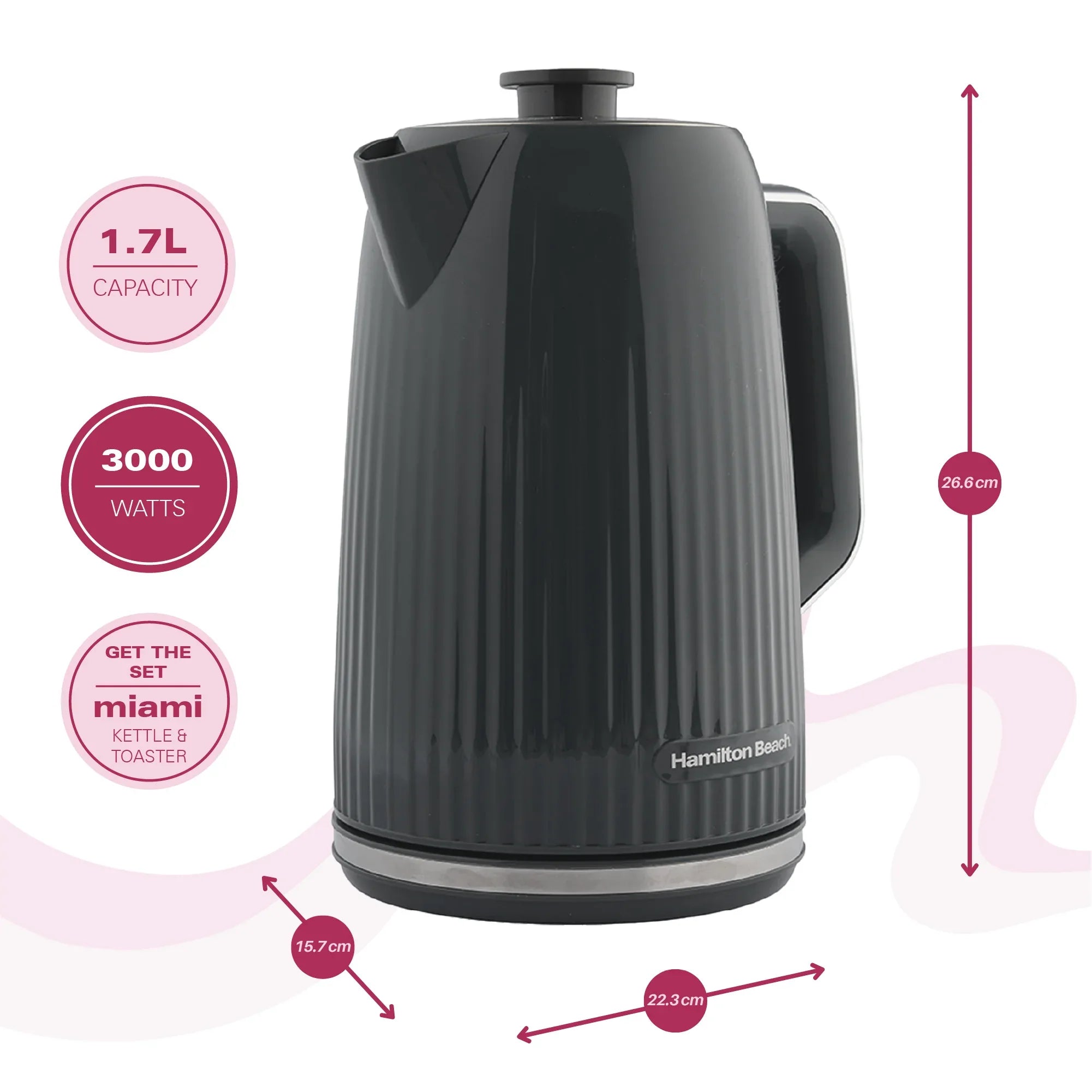 Hamilton Beach Miami 1.7L Kettle Charcoal Grey - Hamilton Beach UK