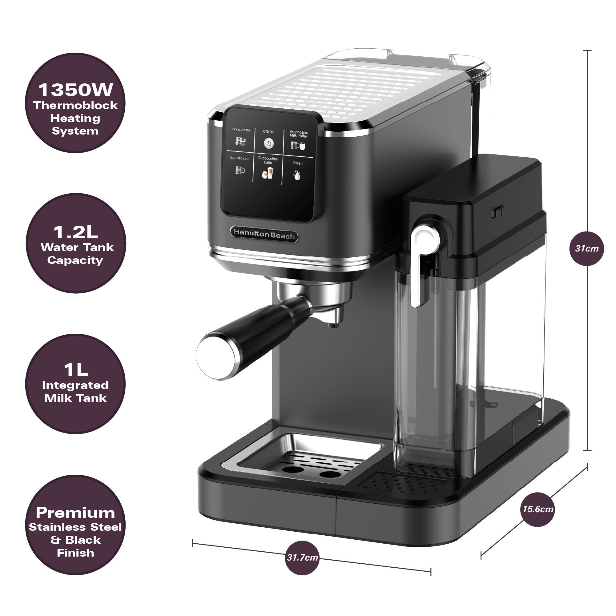 Hamilton Beach BaristaPro+ Touch 8-in-1 Espresso Machine Black