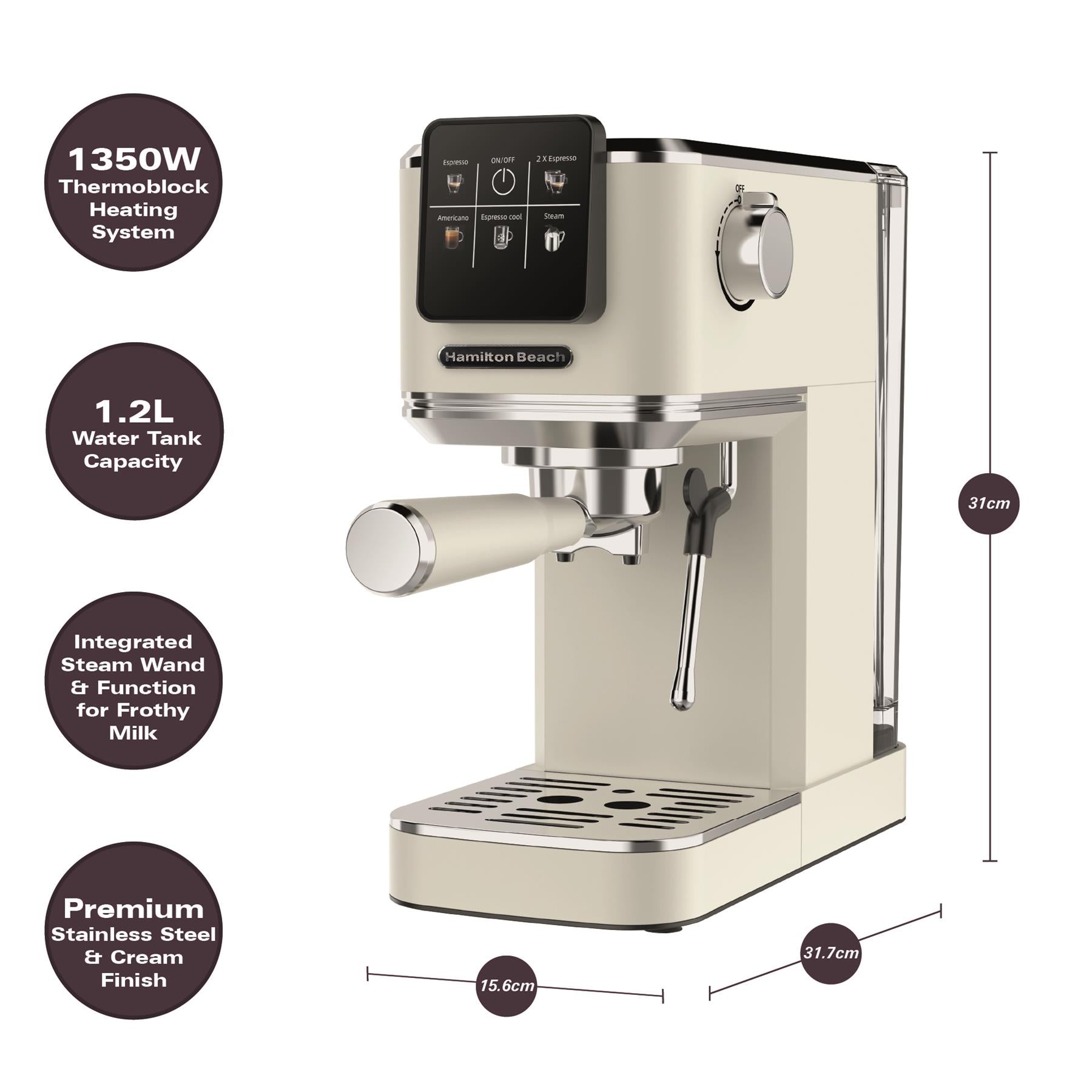 Hamilton Beach BaristaPro Touch 5-in-1 Espresso Machine Cream