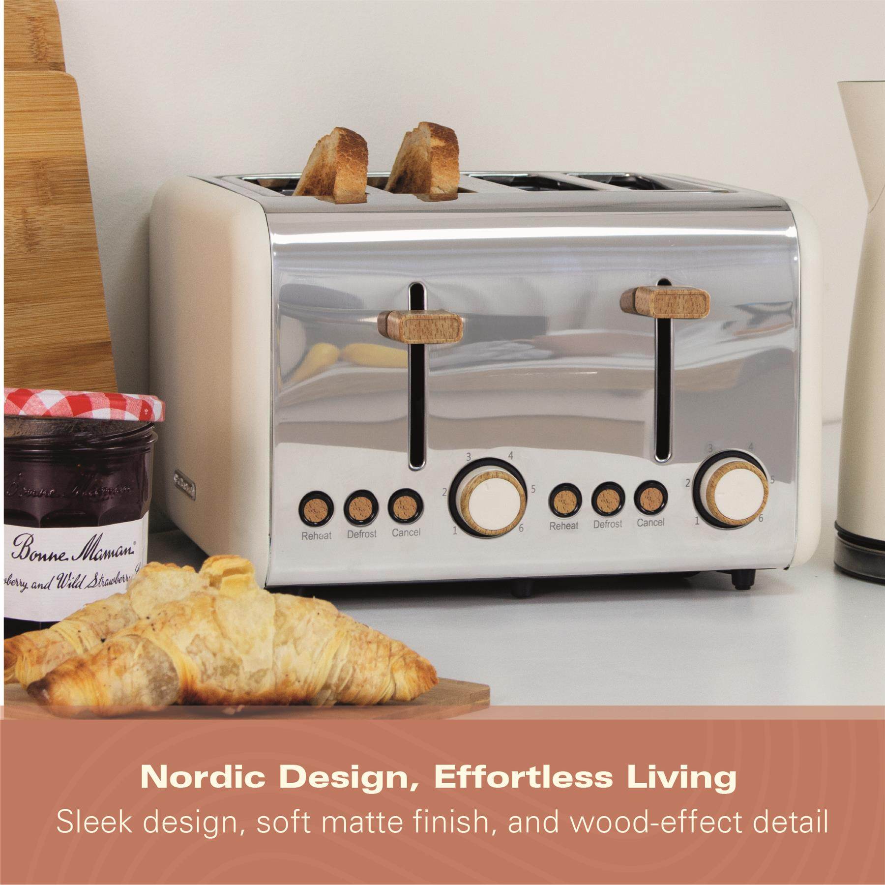Hamilton Beach Scandi 4 Slice Toaster - Matte Cream with Wood Effect - Hamilton Beach UK