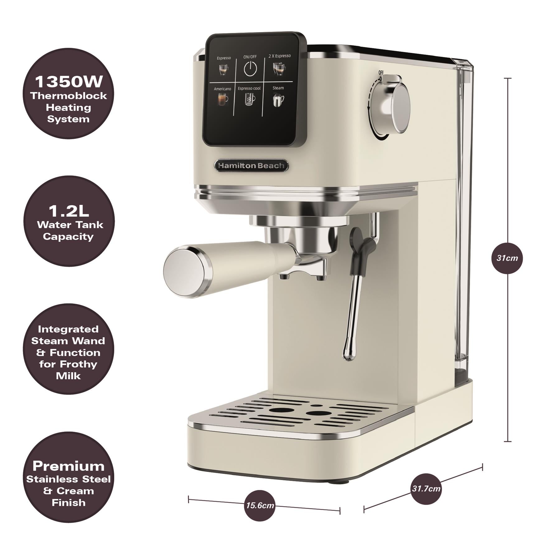 Hamilton Beach BaristaPro Touch 5-in-1 Espresso Machine Cream