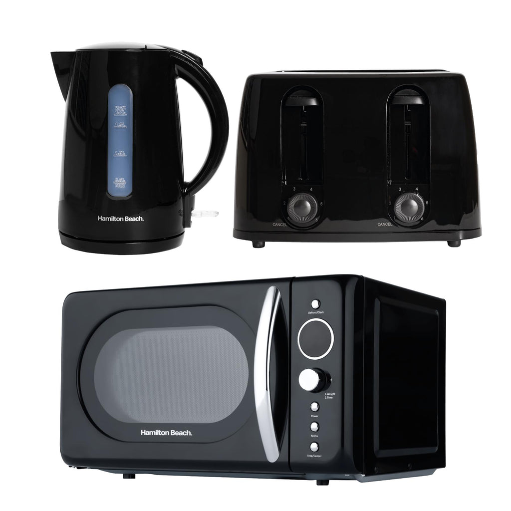 Hamilton Beach Essentials Kettle, 4 Slice Toaster & 20L Retro Microwave Set - Black