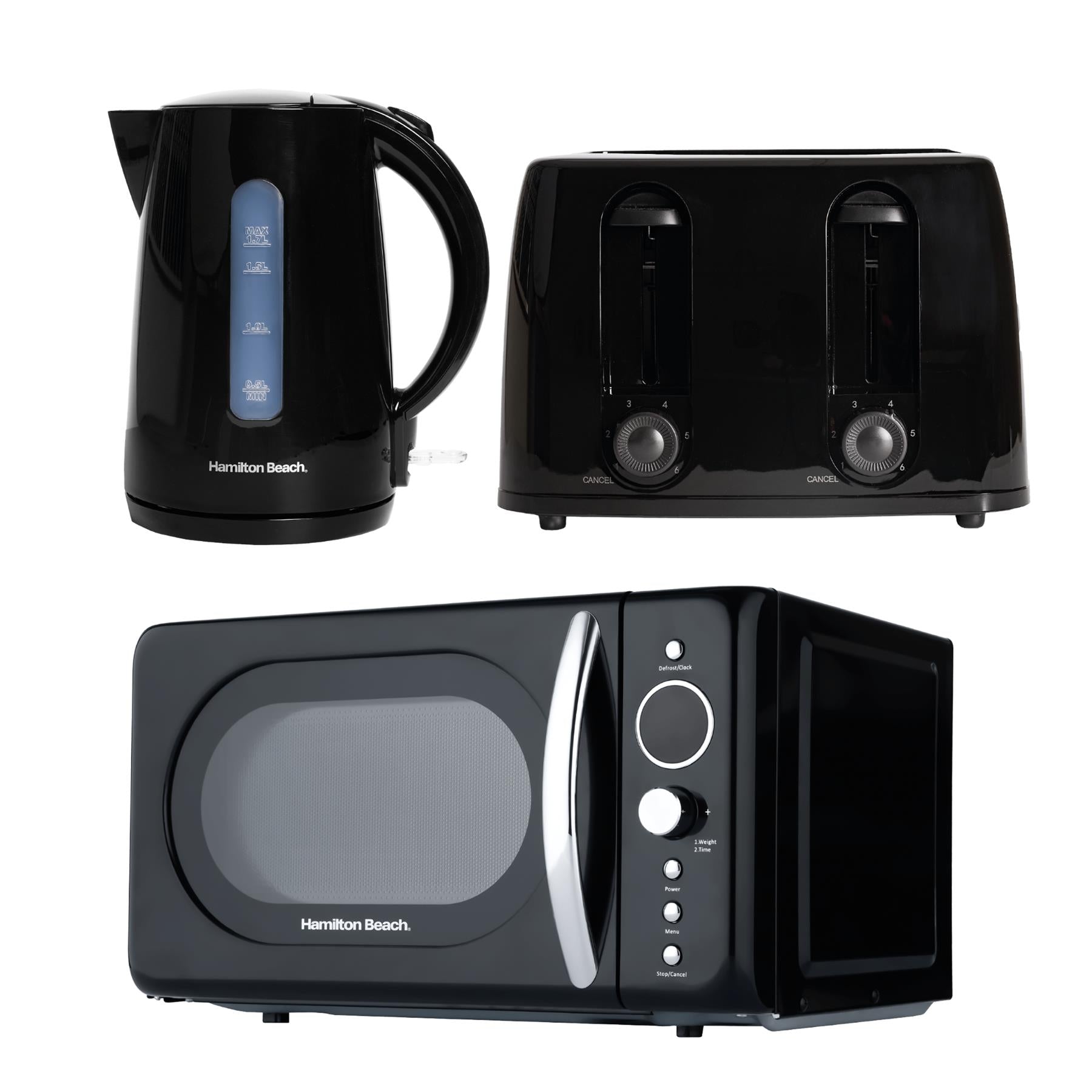 Hamilton Beach Essentials Kettle, 4 Slice Toaster & 20L Retro Microwave Set - Black