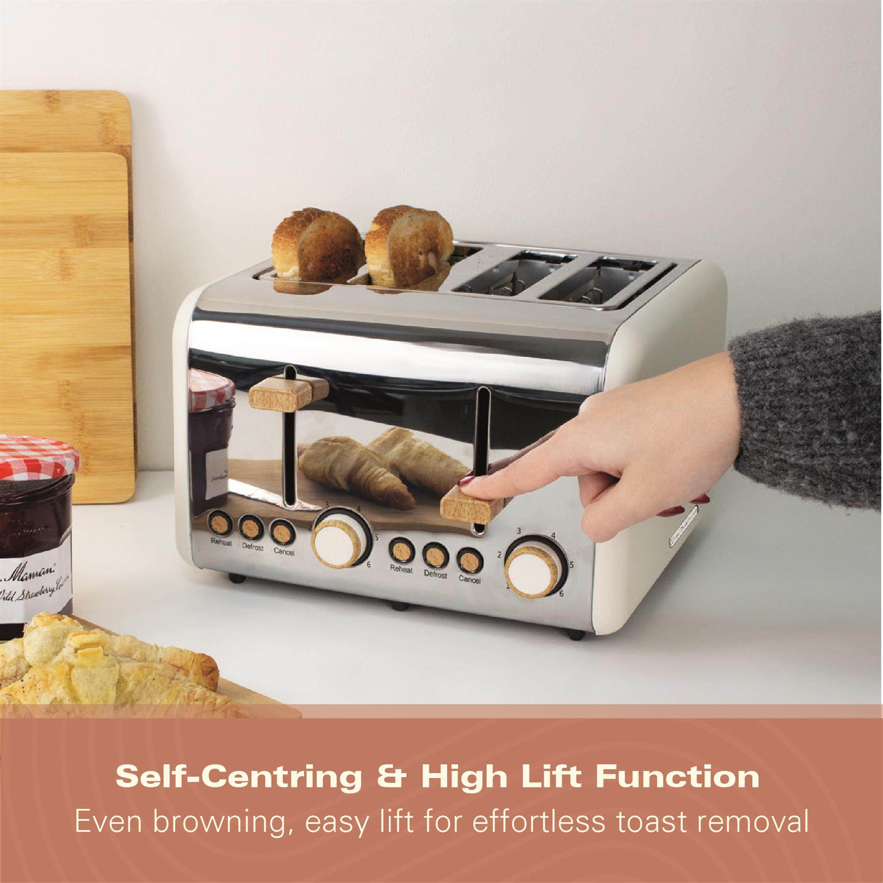 Hamilton Beach Scandi 4 Slice Toaster - Matte Cream with Wood Effect - Hamilton Beach UK