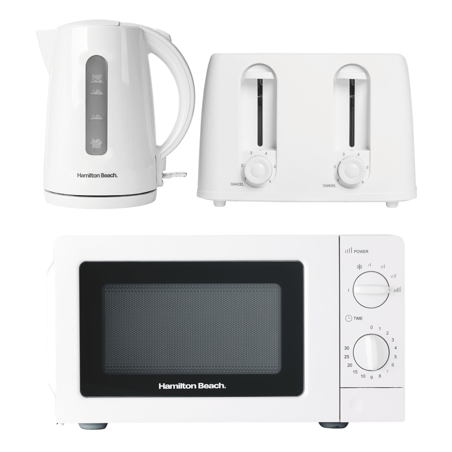 Hamilton Beach Essentials Kettle, 4 Slice Toaster & 20L Stainless Steel Cavity Microwave Set - White