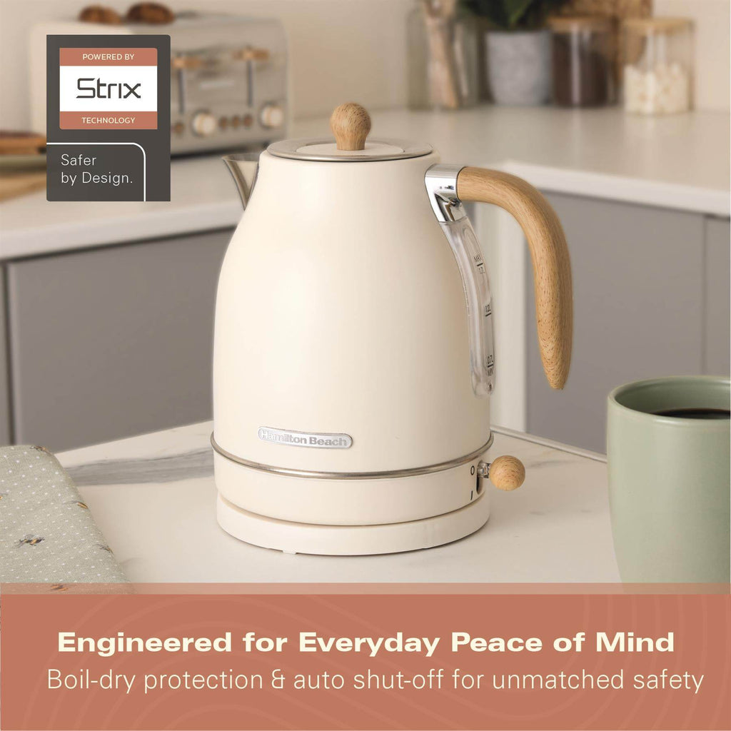 Hamilton Beach Scandi 1.7L Jug Kettle - Matte Cream with Wood Effect - Hamilton Beach UK