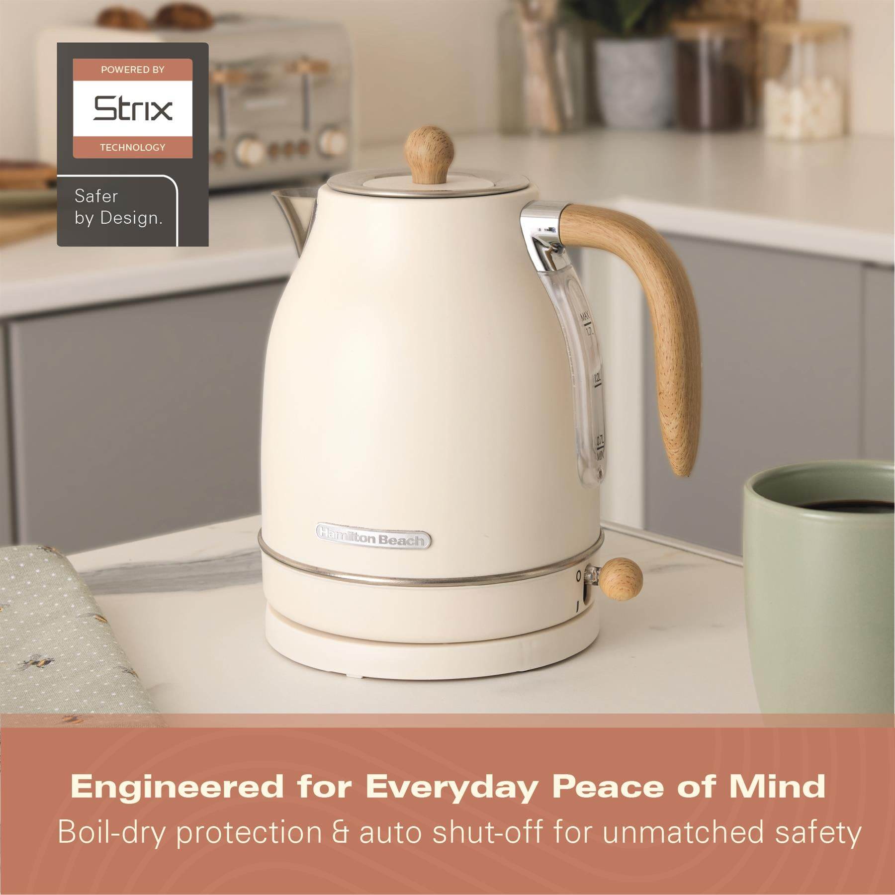 Hamilton Beach Scandi 1.7L Jug Kettle - Matte Cream with Wood Effect - Hamilton Beach UK