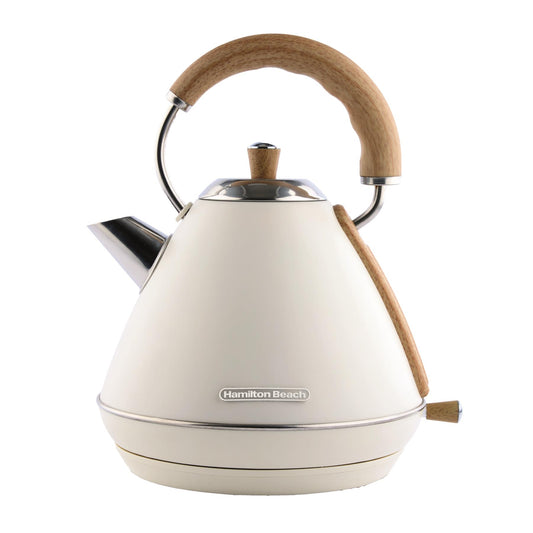 Hamilton Beach Scandi 1.7L Pyramid Kettle Matte Cream with Wood Effect