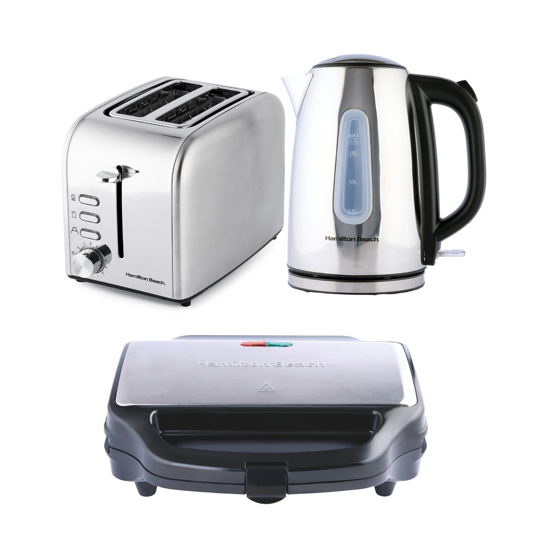 Hamilton Beach Rise Polished Kettle, 2 Slice Toaster & Deep Fill Sandwich Toaster Set - Silver