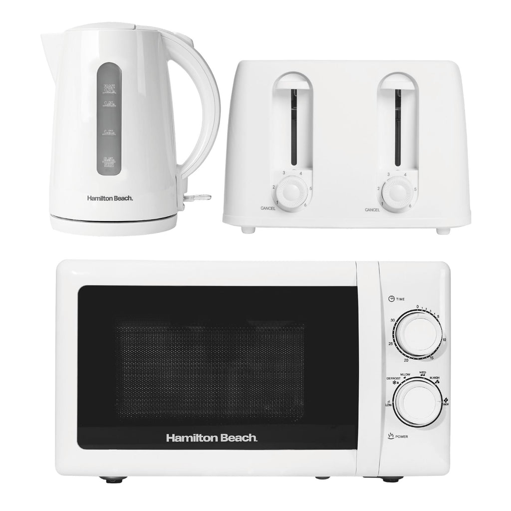 Hamilton Beach Essentials Kettle, 4 Slice Toaster & 20L Standard Microwave Set - White