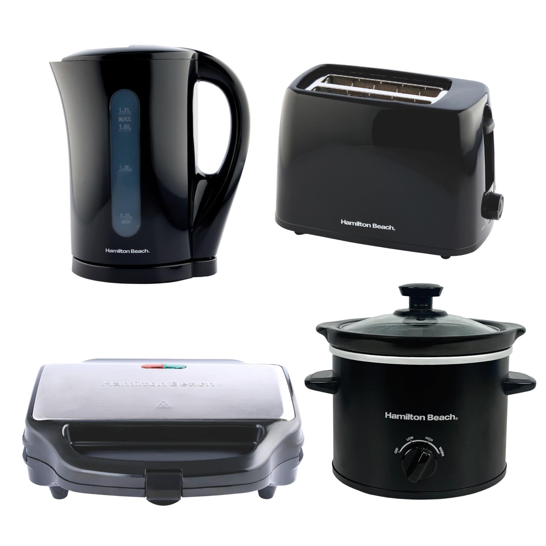 Hamilton Beach Essentials Kettle, Toaster, Sandwich Toaster & 1.8L Slow Cooker Set - Black